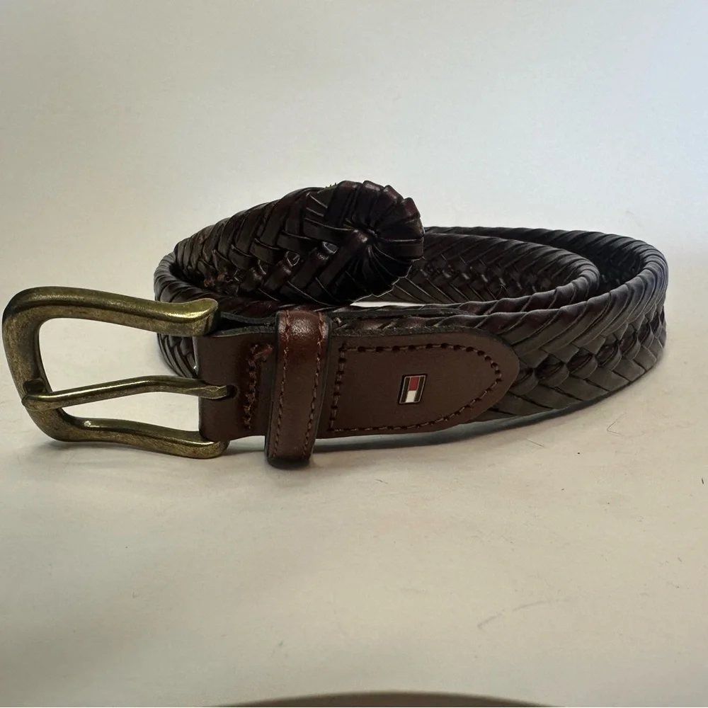 Tommy Hilfiger Logo Men's Leather Trim Braided Laced  Belt Brown 34 Brass Buckle